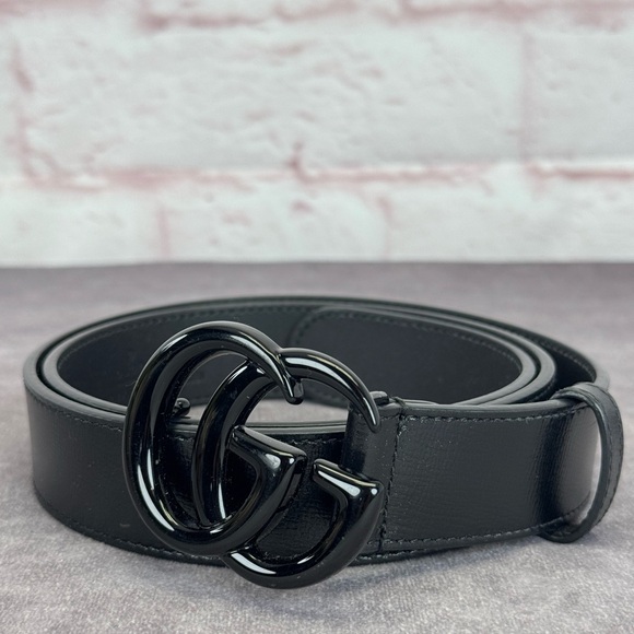 Gucci Azalea Double G Calfskin Enamel Monochrome Belt Black 414516 85/34 - Picture 1 of 8